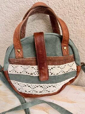 Mona b Vintage-Inspired Green Canvas and Brown Leather Lace Accent Handbag